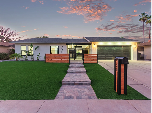 Whole-house renovation exterior at dusk in Tempe, AZ