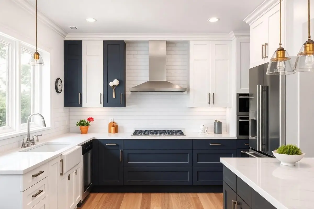 Completed kitchen remodel with navy and white cabinetry in Gilbert, AZ