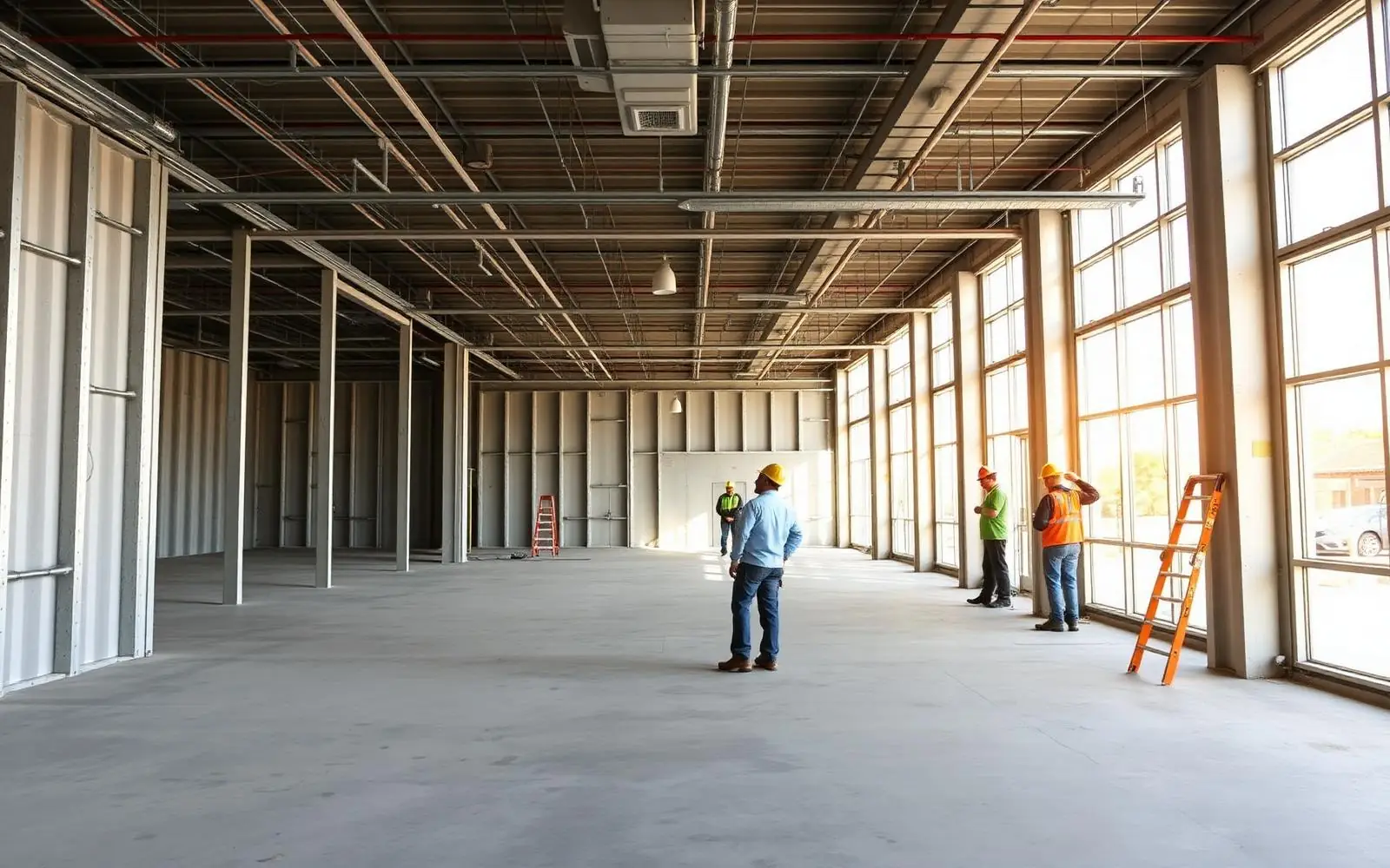 Commercial tenant improvement construction with new framing and storefront glass in Mesa, AZ