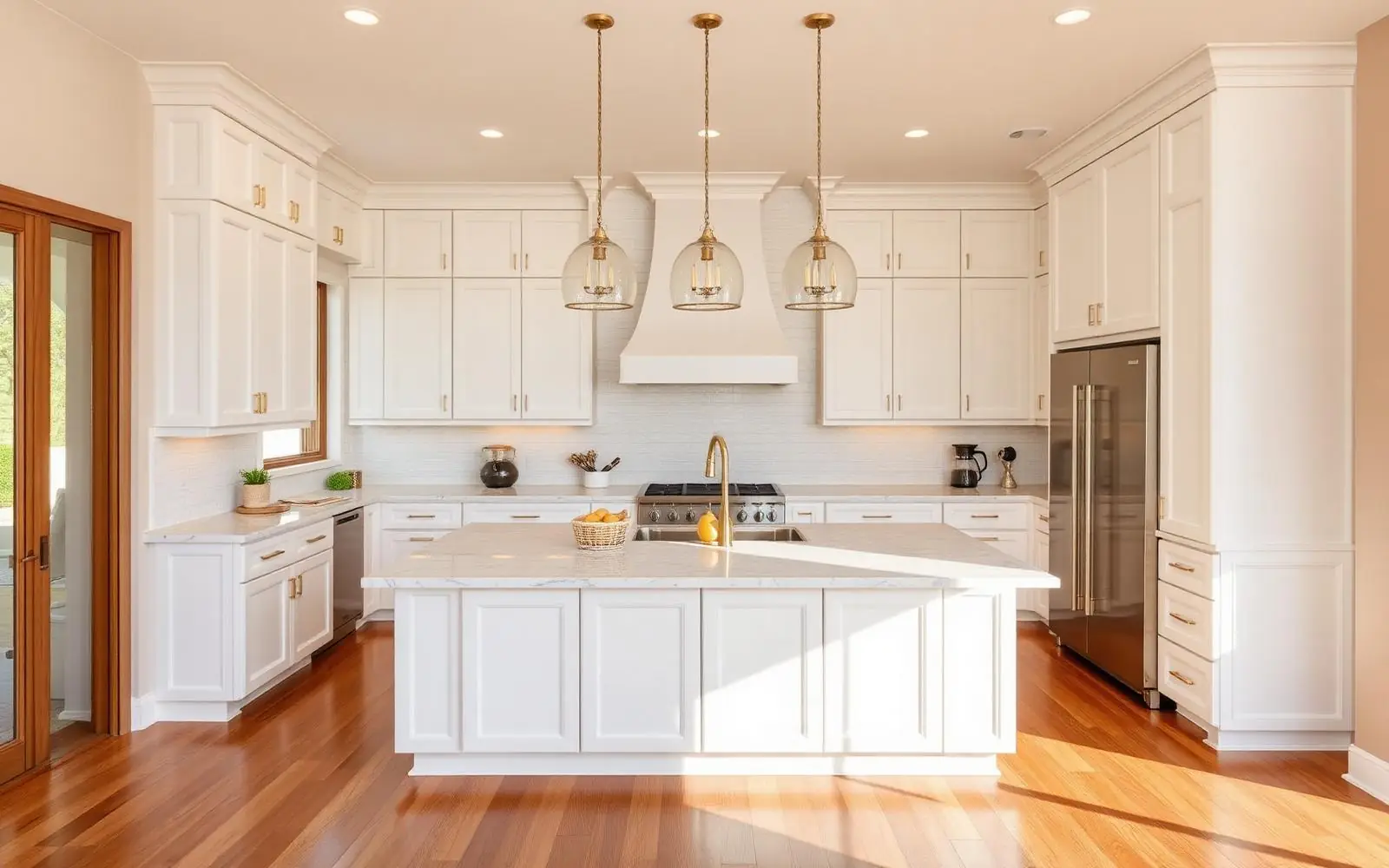 Finished kitchen remodel with white cabinets and quartz island in Gilbert, AZ