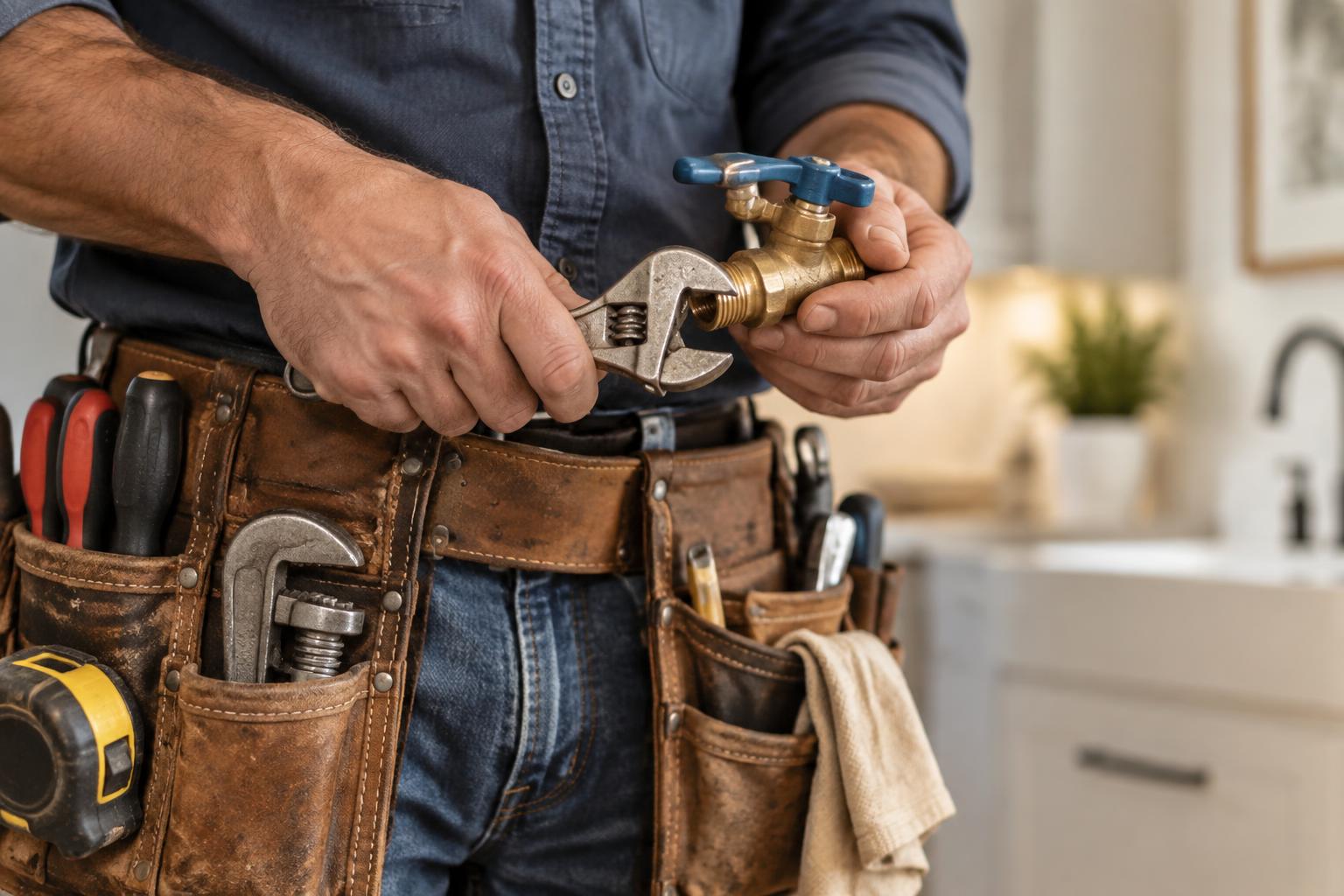 Licensed technician’s toolbelt and hands at work