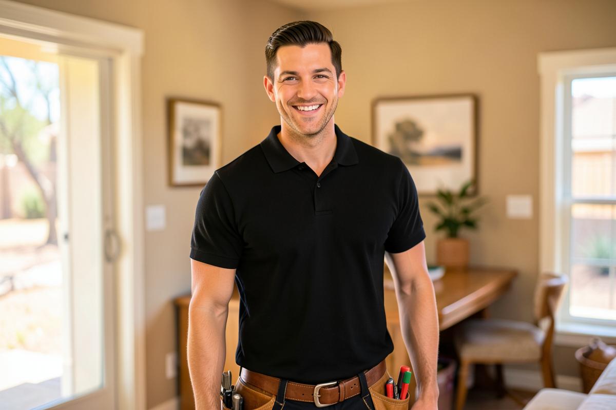 Smiling licensed technician in a black polo shirt