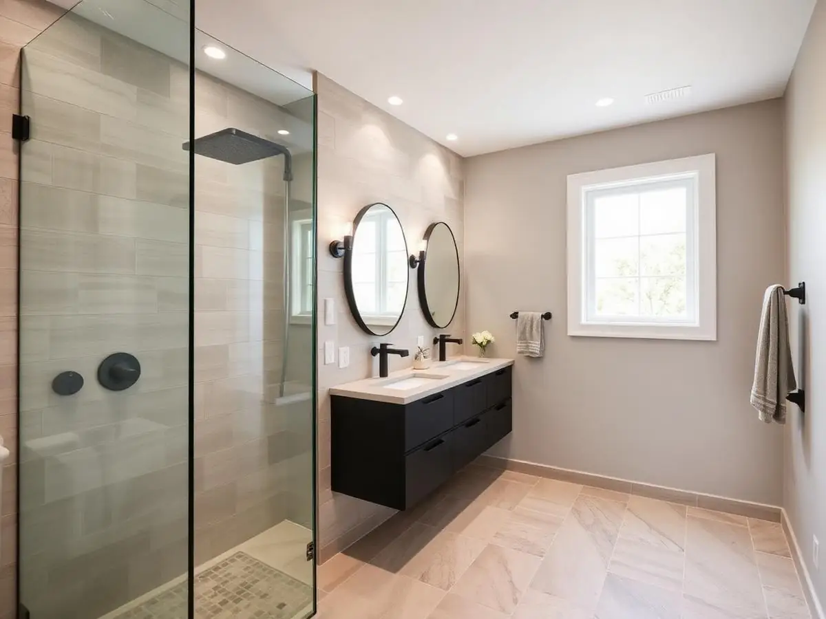 Primary bathroom with curbless tile shower and floating vanity in Chandler, AZ
