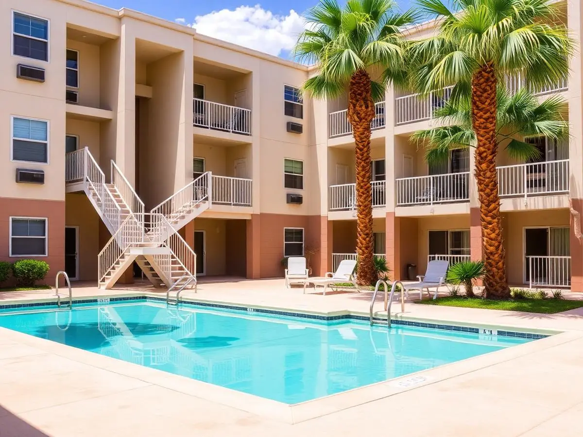 Renovated apartment courtyard with new railings and paint in Phoenix, AZ