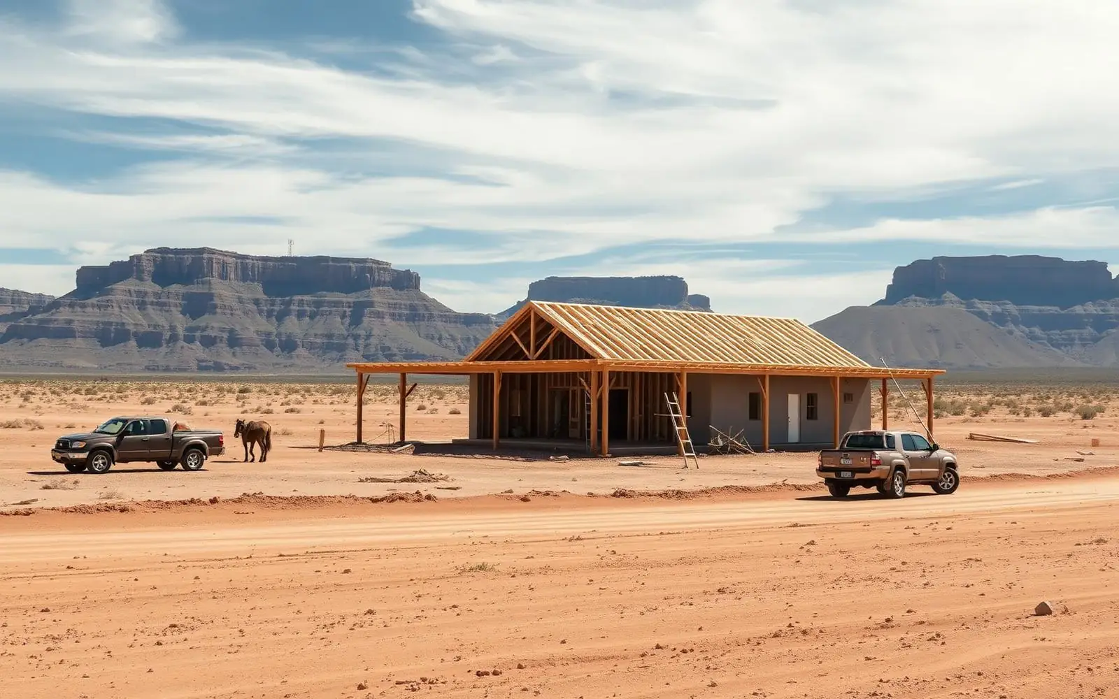 Community building under construction on high desert tribal land in Arizona with mesas in the distance